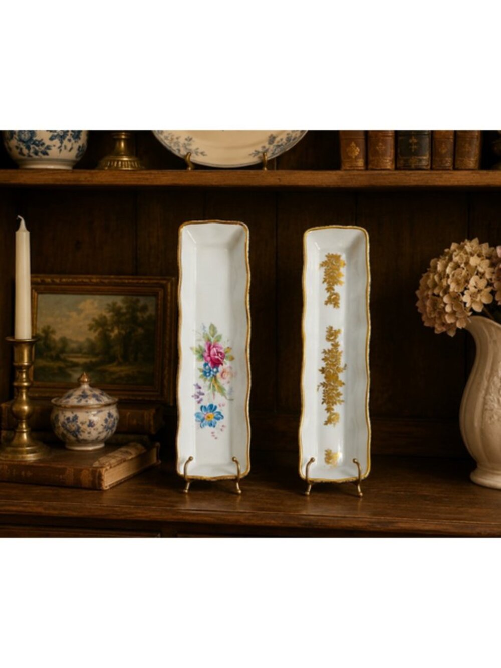 French Porcelain Floral Limoges Tray/ Solid Gold Gilt Tray Vintage
